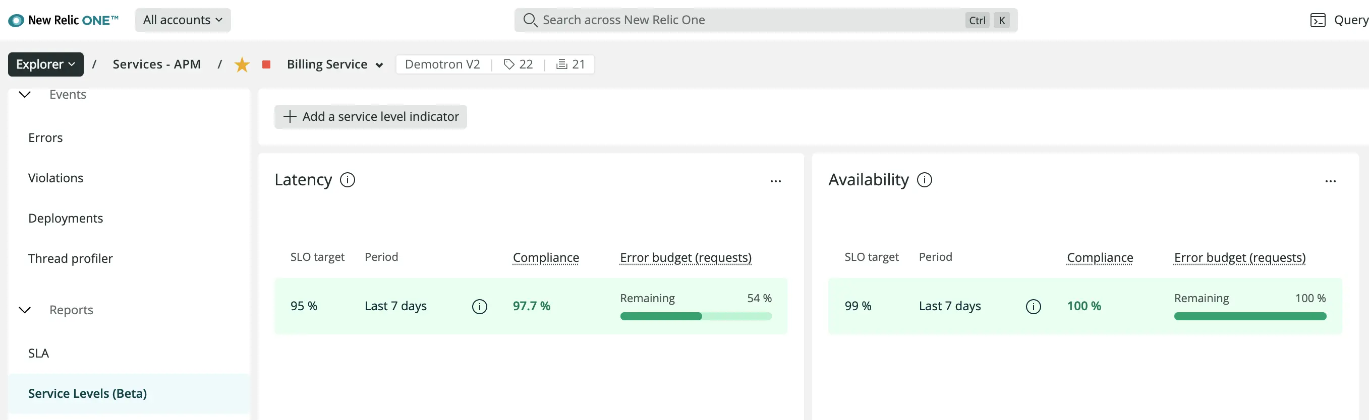 Example of availability and latency SLIs on an APM service