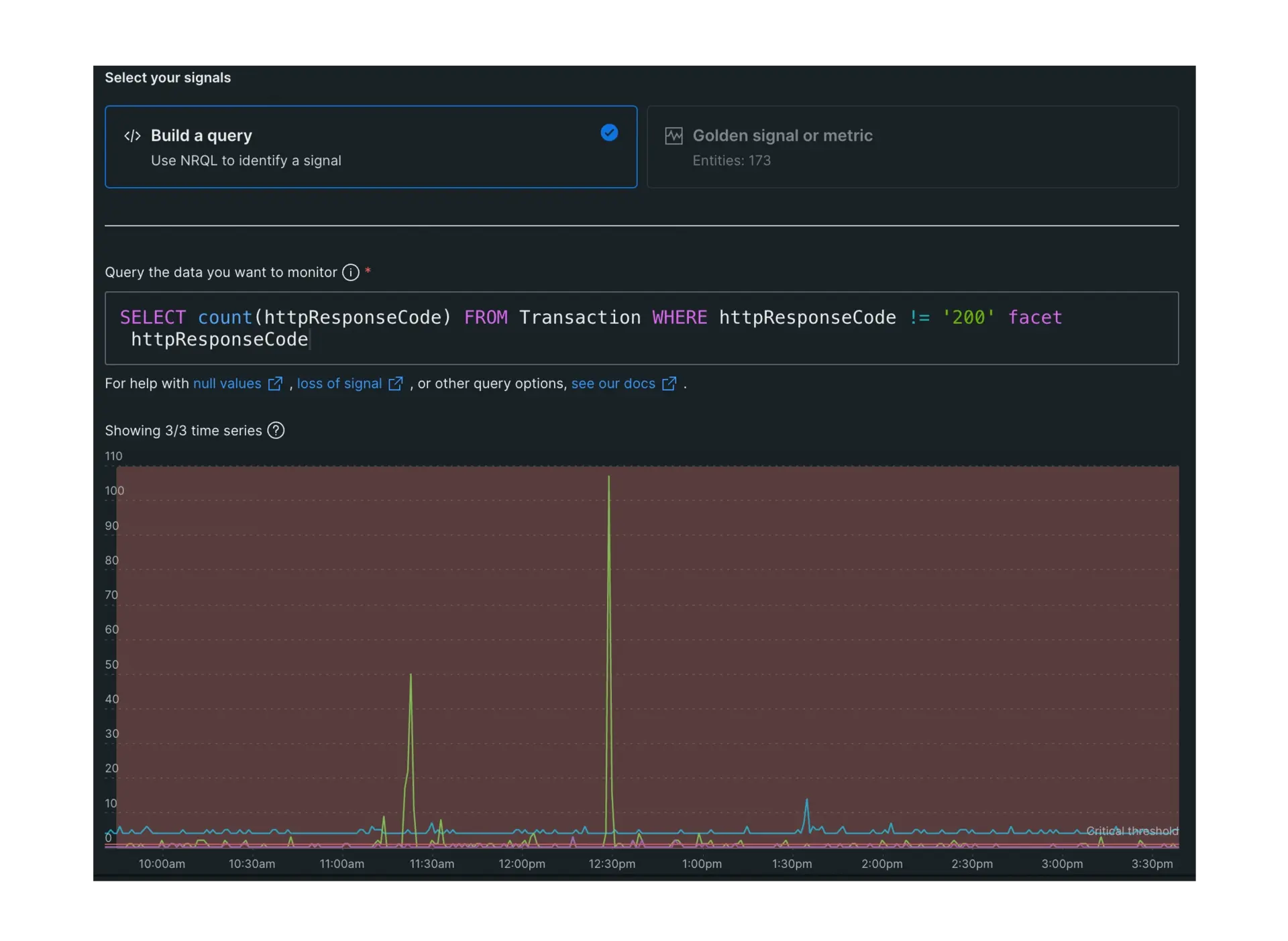 A screenshot detailing how to select a query for an alert condition