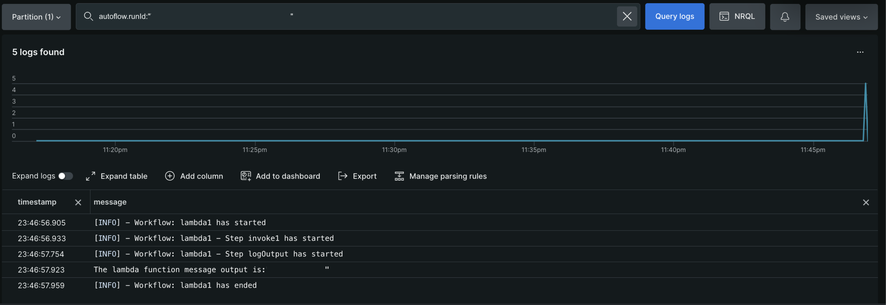 Workflow automation logs Workflow automation logs showing the Lambda function output