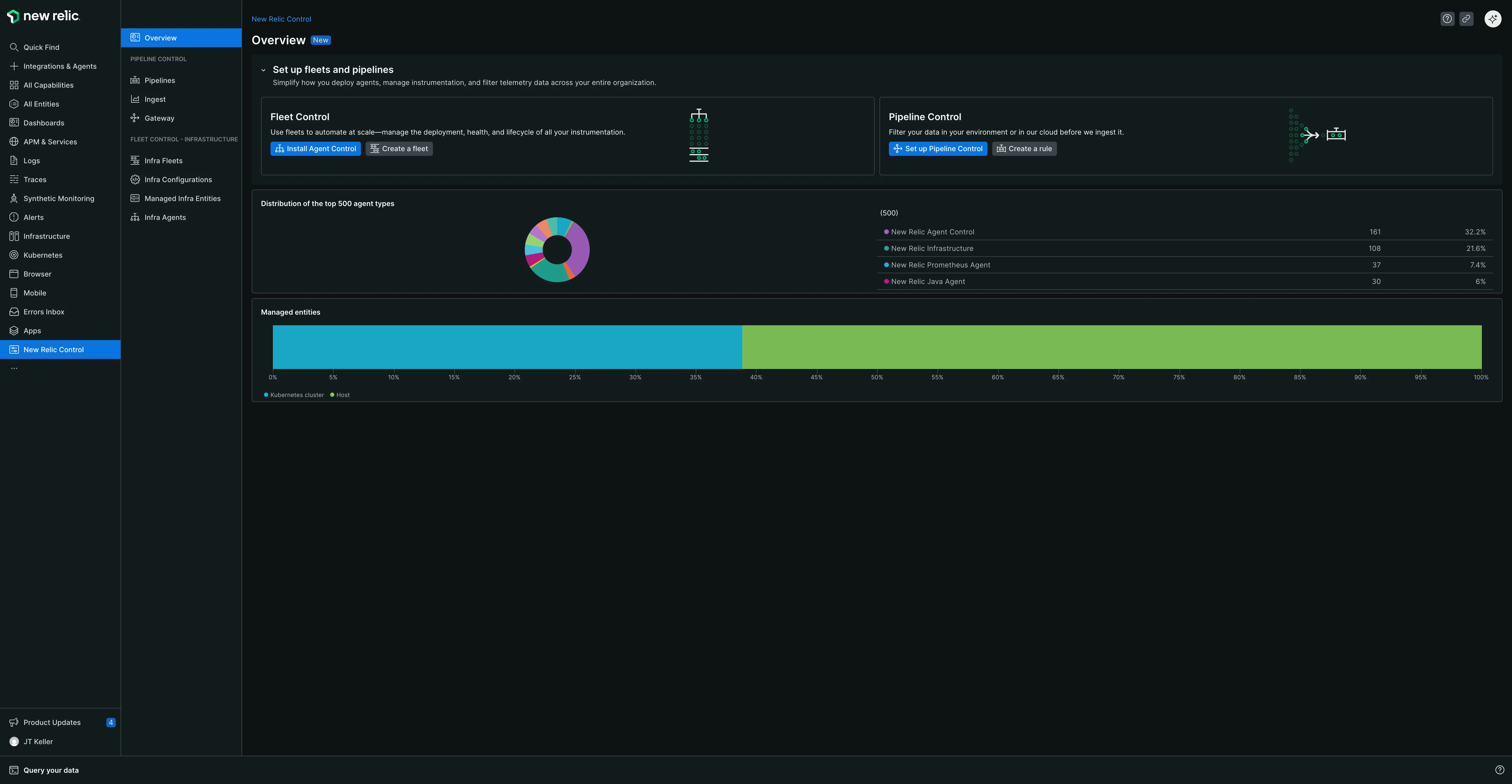 New Relic Control overview The New Relic Control overview page showing Fleet Control and Pipeline Control sections with setup instructions, agent distribution chart, and managed entities chart. The left navigation shows New Relic Control highlighted.