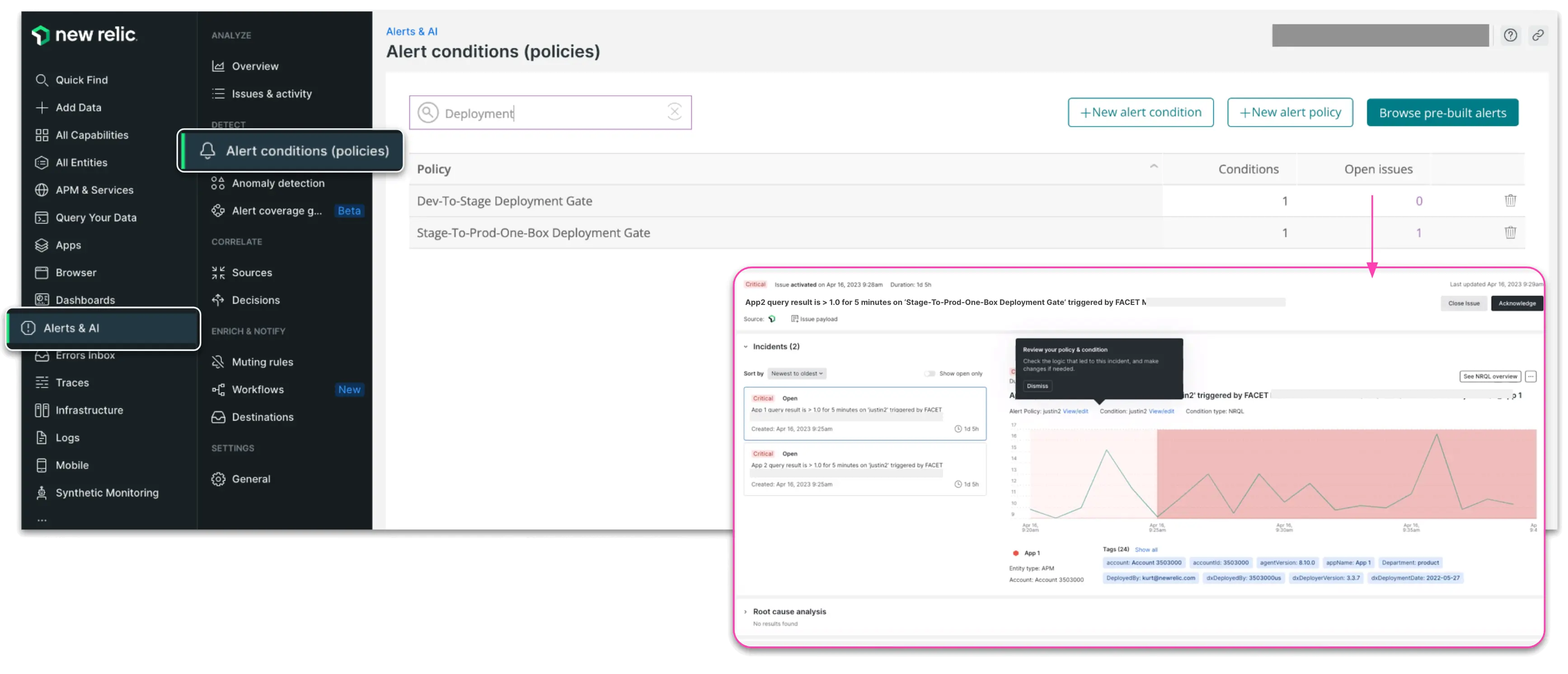 screenshot showing New Relic alert conditions.