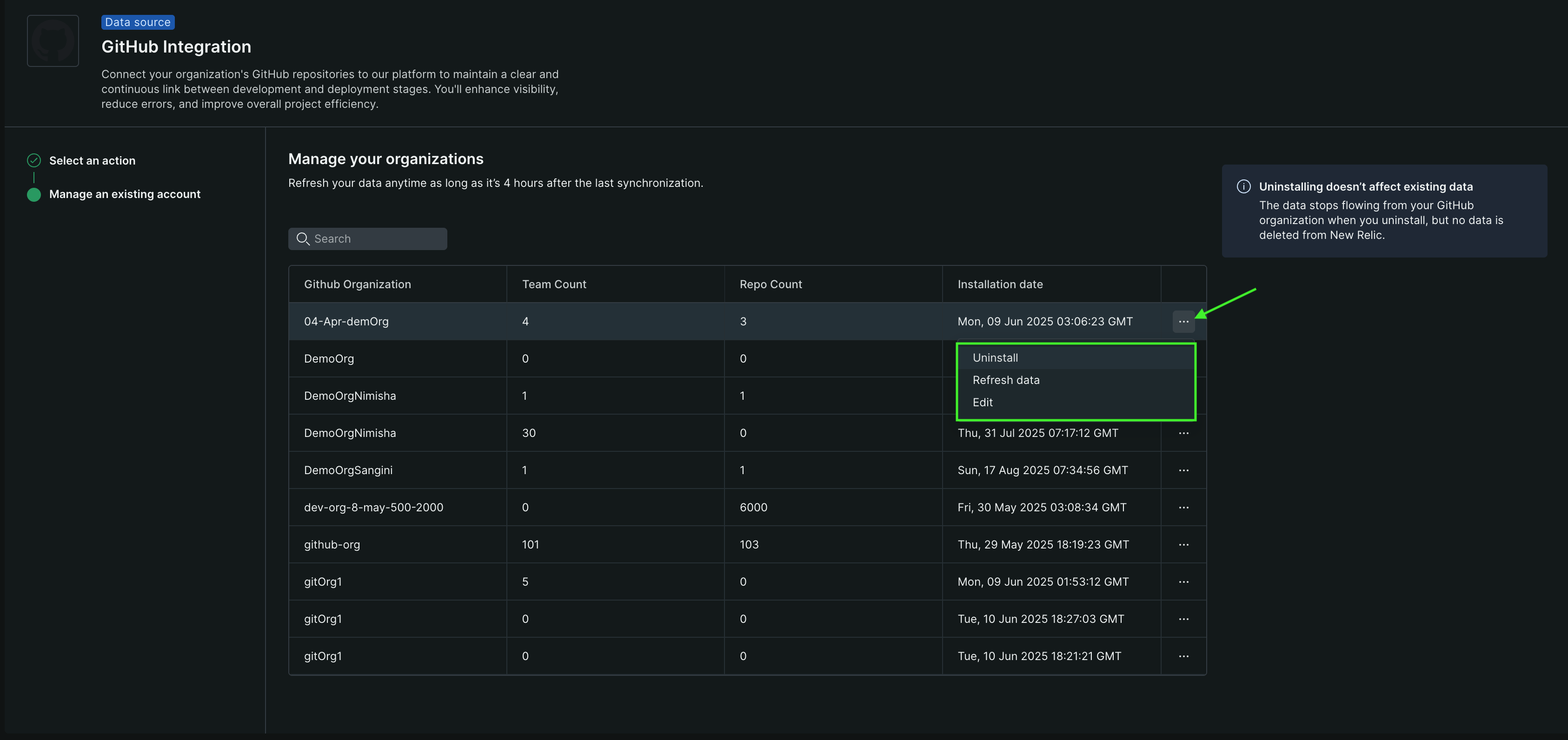 GitHub integration manage organization option Screenshot showing the manage organization option in GitHub integration