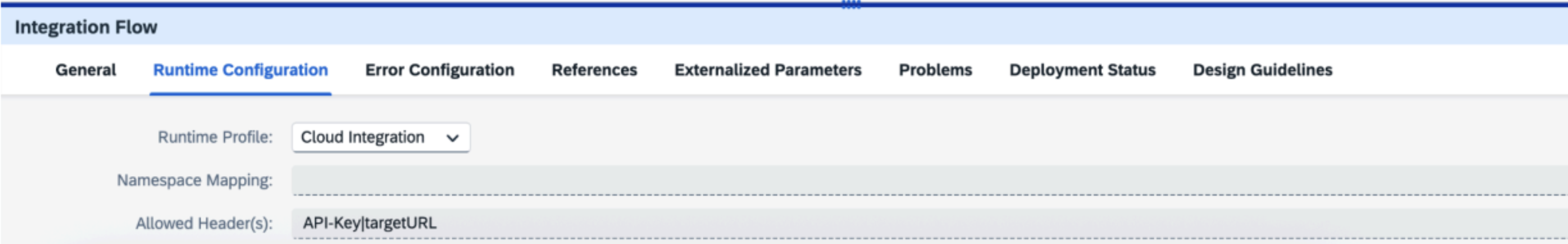iFlow configuration showing Allowed Headers field with API-Key and targetURL values iFlow configuration showing Allowed Headers field with API-Key and targetURL values