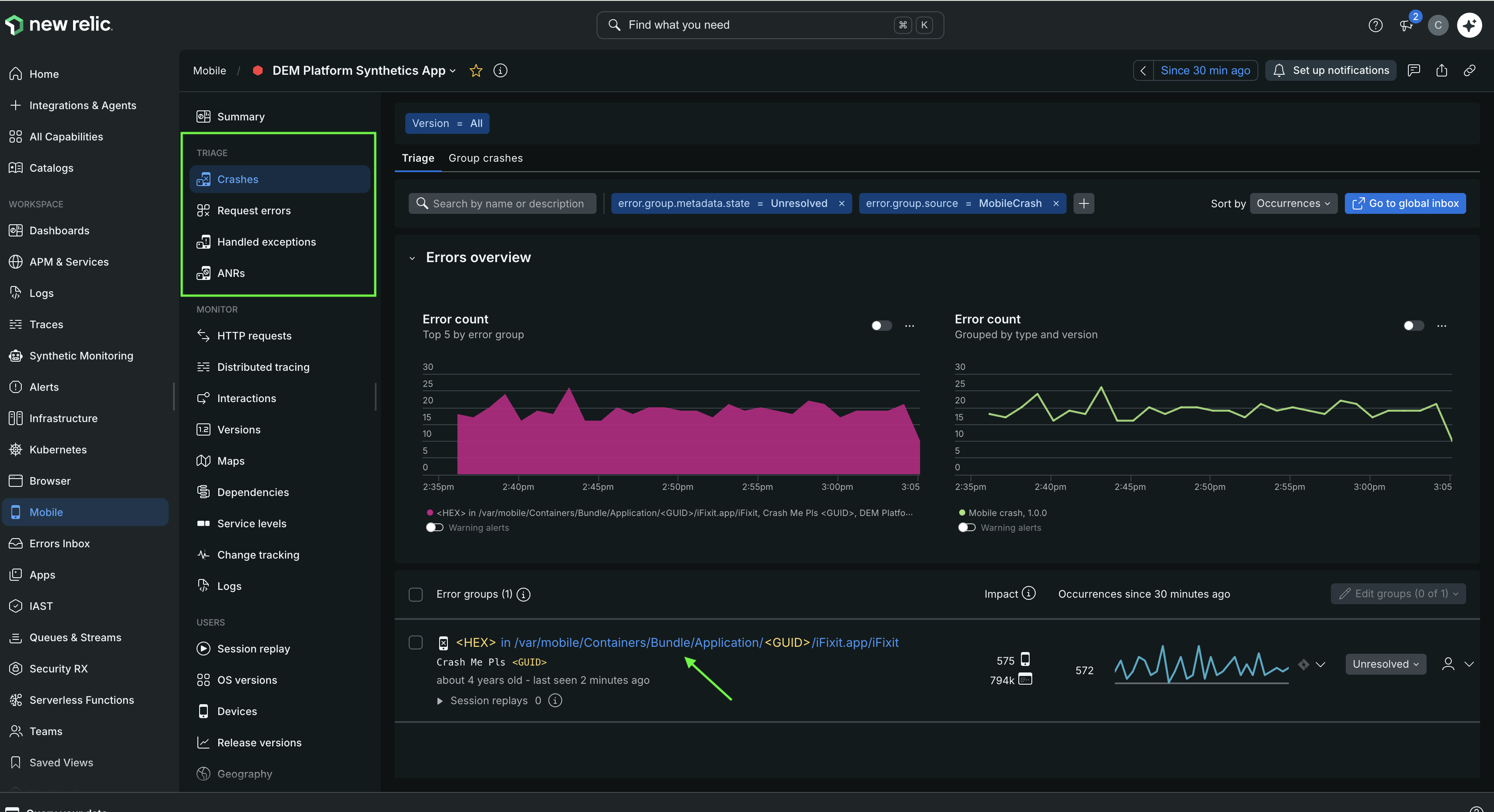 Mobile Triage navigation showing Crashes, Request errors, Handled exceptions, and ANRs The New Relic Mobile left navigation with the Triage section expanded, showing Crashes, Request errors, Handled exceptions, and ANRs