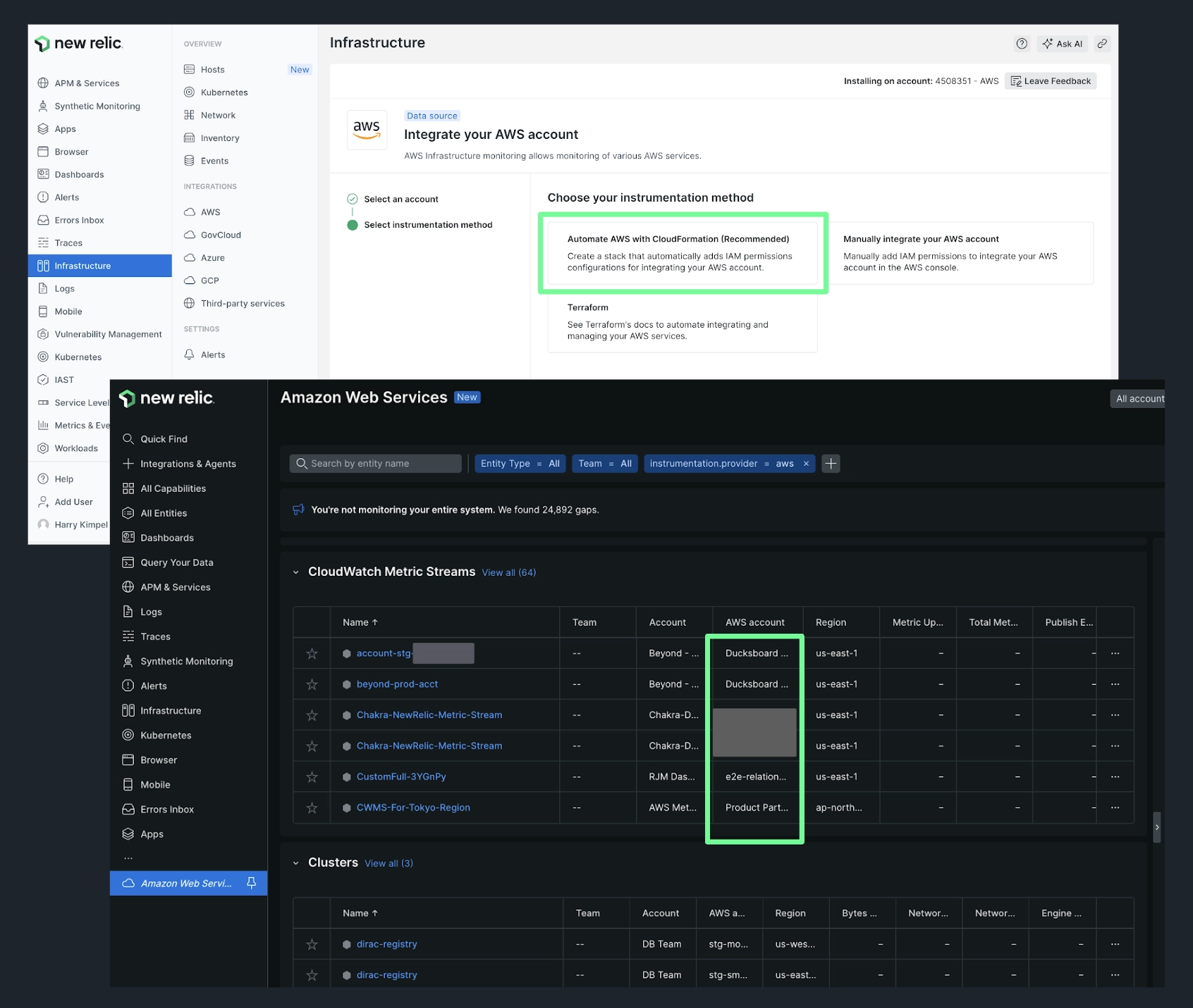 A screenshot showing the new onboarding option with cloudformation template and multi-cloud observability.