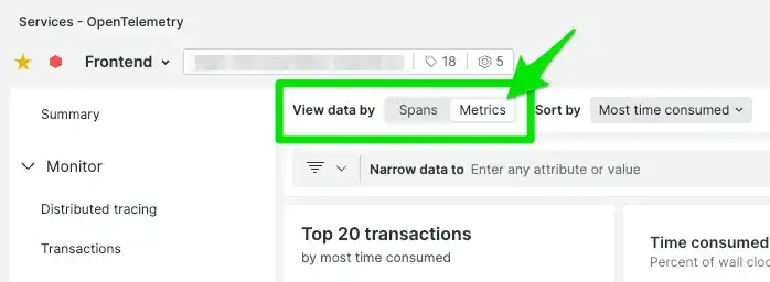 Button to switch between using spans or metrics to visualize service endpoint performance, with metrics selected