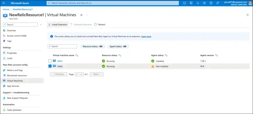 Install the New Relic infrastructure monitoring agent from the Azure Portal