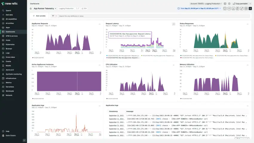 Metrics and logs for AWS App Runner displayed in New Relic
