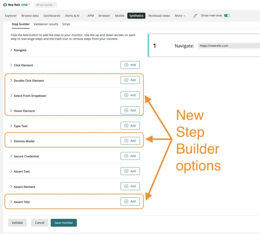 Synthetics - New Step Builder Options Highlighted